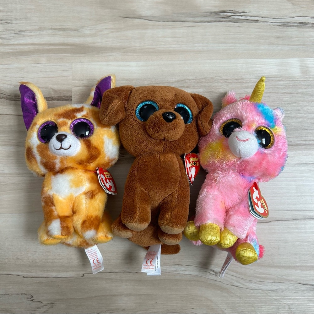 Ty Beanie Boos Lot Of 3 Pablo, Dougie, & Fantasia With Tags Unicorn Dachshund